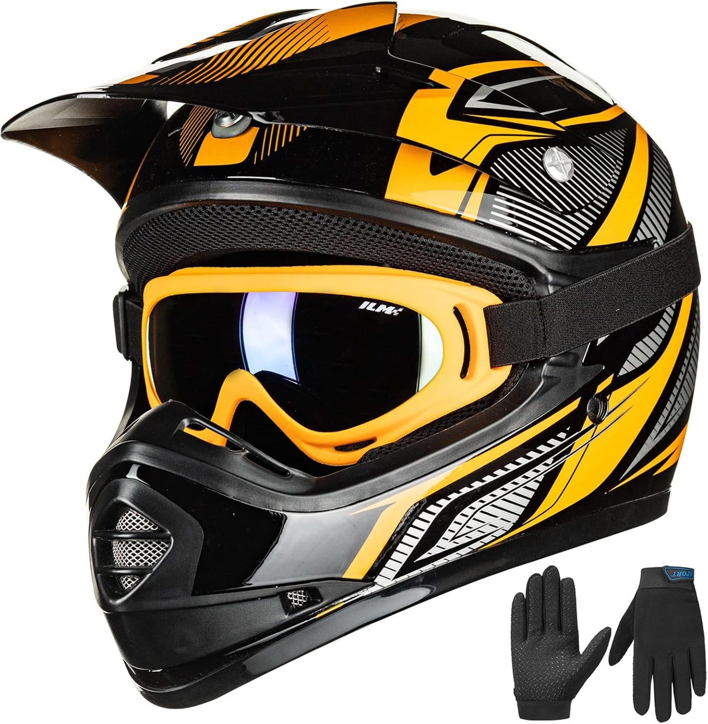 Youth Kids ATV Motocross Helmet Goggles Sports Gloves Dirt Bike Motorcycle off Road DOT Approved B07 (Youth-Xl, Yellow Black)